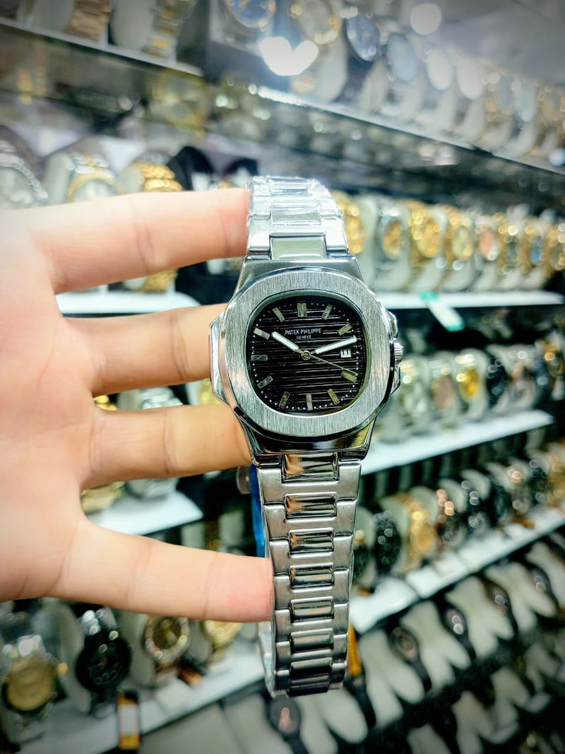 Patek Philippe Two-Tone Luxury Nautilus Style Watch And Black Dial | Silver Design With Master Lock